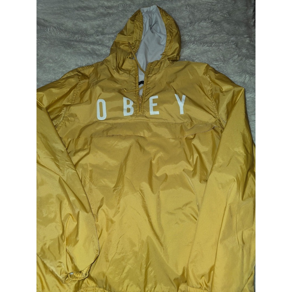 OBEY Worldwide Mustard Yellow Quarter-Zip Hooded Windbreaker Jacket L